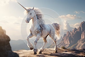 Generative AI Image of Little Unicorn Walking on a Rocky Cliff at Bright Day