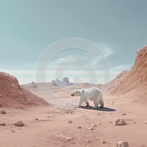 Generative AI image of a lost ice bear in the desert