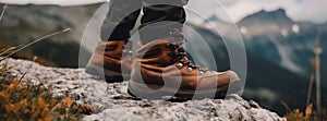 Generative Ai image of a man hiking up a mountain trail with a close-up of his leather hiking boots. The hiker shown in motion,