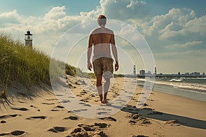 Generative AI Image of a Man Walking with Footprints on the Beach Sand in Bright Day