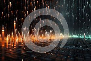 Generative AI Image of Modern Technology Background with Bar Graph Binary Code Data on Computer