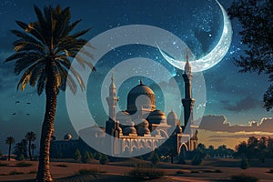 Generative AI Image of Mosque Building in the Desert with Crescent Moon in Night Sky