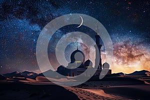 Generative AI Image of Mosque Building in the Desert with Galaxy Moon in Night Sky