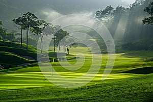 Generative AI Image of Nature Landscape of Golf Green Field with Trees Hill and Sunlight