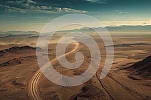Generative AI Image of Nature Landscape of Winding Road in Barren Desert with Dusty Wind