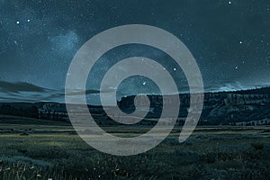 Generative AI Image of Nature View of Grass in Meadow with Rocky Cliff at Night