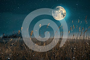 Generative AI Image of Nature View of Grass in Pasture with Full Moon at Night