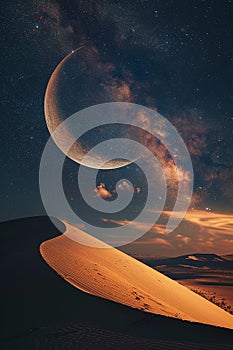 Generative AI Image of Nature View of Sand Dune in Desert with Crescent at Night