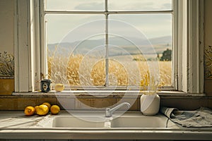 Generative AI Image of Nature View of Wheat Pasture From House Window with Washbasin