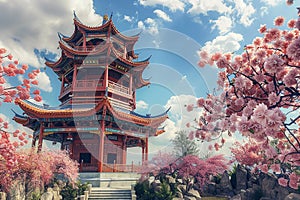 Generative AI Image of Pagoda Temple in China with Cherry Blossoms in the Park During Spring