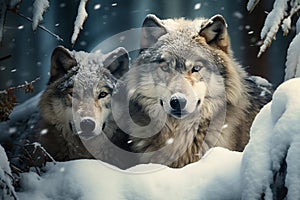 Generative AI Image of a Pair of Wolves in the Forest During Snowfall