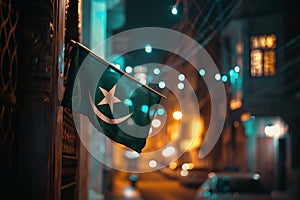 Generative AI Image of Pakistan Resolution Day with Pakistani Flag on Street Wall at Night