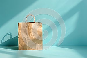 Generative AI Image of Paper Bag with Copy Space in Summer Sale on Blue Background