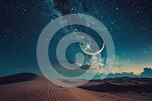 Generative AI Image of Peaceful Nature View in Desert with Crescent Moon at Night