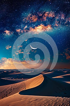 Generative AI Image of Peaceful Nature View in Desert with Galaxy in Blue Sky