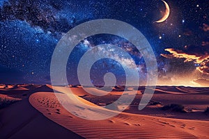 Generative AI Image of Peaceful Nature View in Desert at Night with Milky Way Galaxy