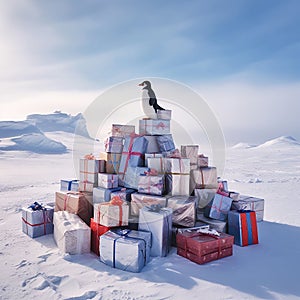 Generative AI image of a penguin standing on a pile of presents