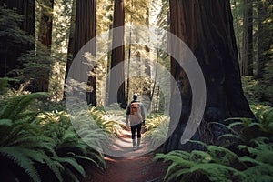 Generative Ai image of a person hiking though a redwood forest