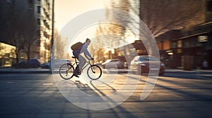 Generative Ai image of a person riding a bicycle in an urban city