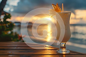 Generative AI Image of Pineapple Juice in Glass with Copy Space on Beach Background at Sunrise