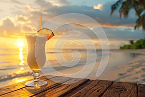 Generative AI Image of Pineapple Juice in Glass with Copy Space on Beach Background at Sunset