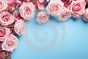 Generative AI Image of Pink Roses Frame with Blank Space on Blue Background