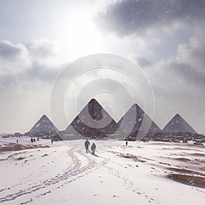 Generative AI image of pyramids on a snowy landscape