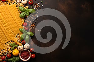 Generative AI Image of Raw Spaghetti Ingredients with Blank Space on Wooden Background