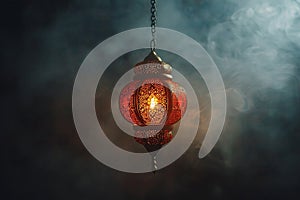 Generative AI Image of Red Round Islamic Lantern Hanging on Smoky Dark Background