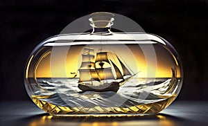 Generative AI image of a sailing ship in a bottle