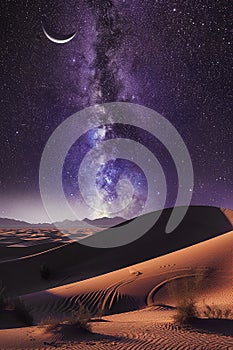 Generative AI Image of Sand Dune in Desert with Crescent and Galaxy in Purple Sky