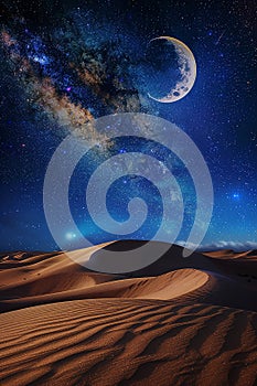 Generative AI Image of Sand Dune in Desert with Crescent Moon and Galaxy at Night