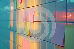 Generative AI Image of Sheets of Blank Sticky Notes Sticked on the Ceramic Wall