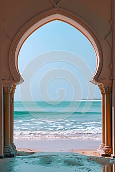 Generative AI Image of Simple Frame of Mosque Entrance Gate with Beach View in Summer