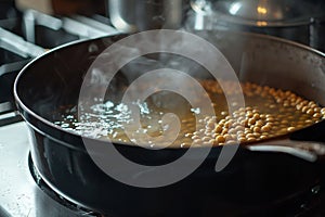 Generative AI Image of Soybean Seeds in Pan Boiled on the Stove with Boiling Water