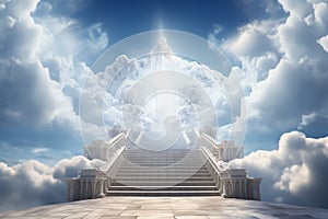 Generative AI Image of Stairs Leading to Heaven with White Clouds in Bright Blue Sky
