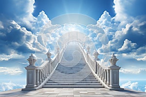 Generative AI Image of Stairs Leading Up to Heaven Gate with Bright Light in Blue Sky