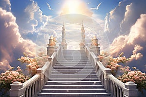 Generative AI Image of Stairs Leading Up to Heaven Gate with Floral Decoration in Bright Day