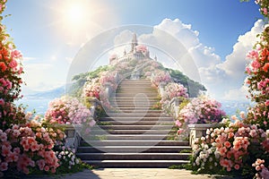 Generative AI Image of Stairs to Palace with Beautiful Blooming Flowers in Bright Sky