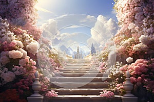 Generative AI Image of Stairs to Palace in Heaven with Blooming Flowers in Bright Sky