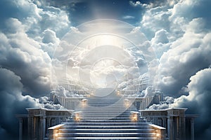 Generative AI Image of Stairway Leading Up to Heaven Among the Clouds with Bright Sky