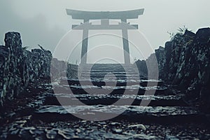 Generative AI Image of Stone Stairs Leading to Torii Gate Shrine in Japan with Misty Sky