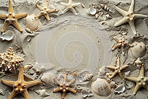 Generative AI Image of Summer Background with Frame of Shellfish Shell Conch on Beach Sand