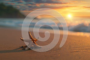 Generative AI Image of Summer Background with Starfish on the Beach and Copy Space at Sunset