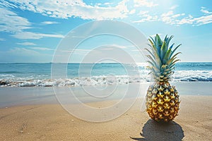 Generative AI Image of Summer Beach Background with Pineapple Fruit and Fresh Sea Waves