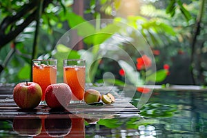 Generative AI Image of Summer Holiday with Fresh Apple Drink by the Swimming Pool in Hotel