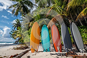 Generative AI Image of Surfing Board on the Beach with Coconut Palm Tree in Summer