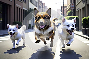 Generative AI image of three running dogs