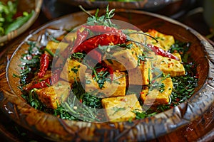 Generative AI Image of Tofu Dish with Vegetable and Red Chili in Wooden Plate