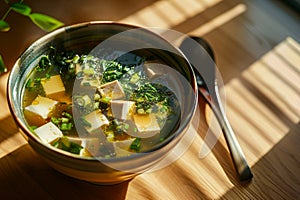 Generative AI Image of Tofu Soup with Broth in Bowl on Wooden Table